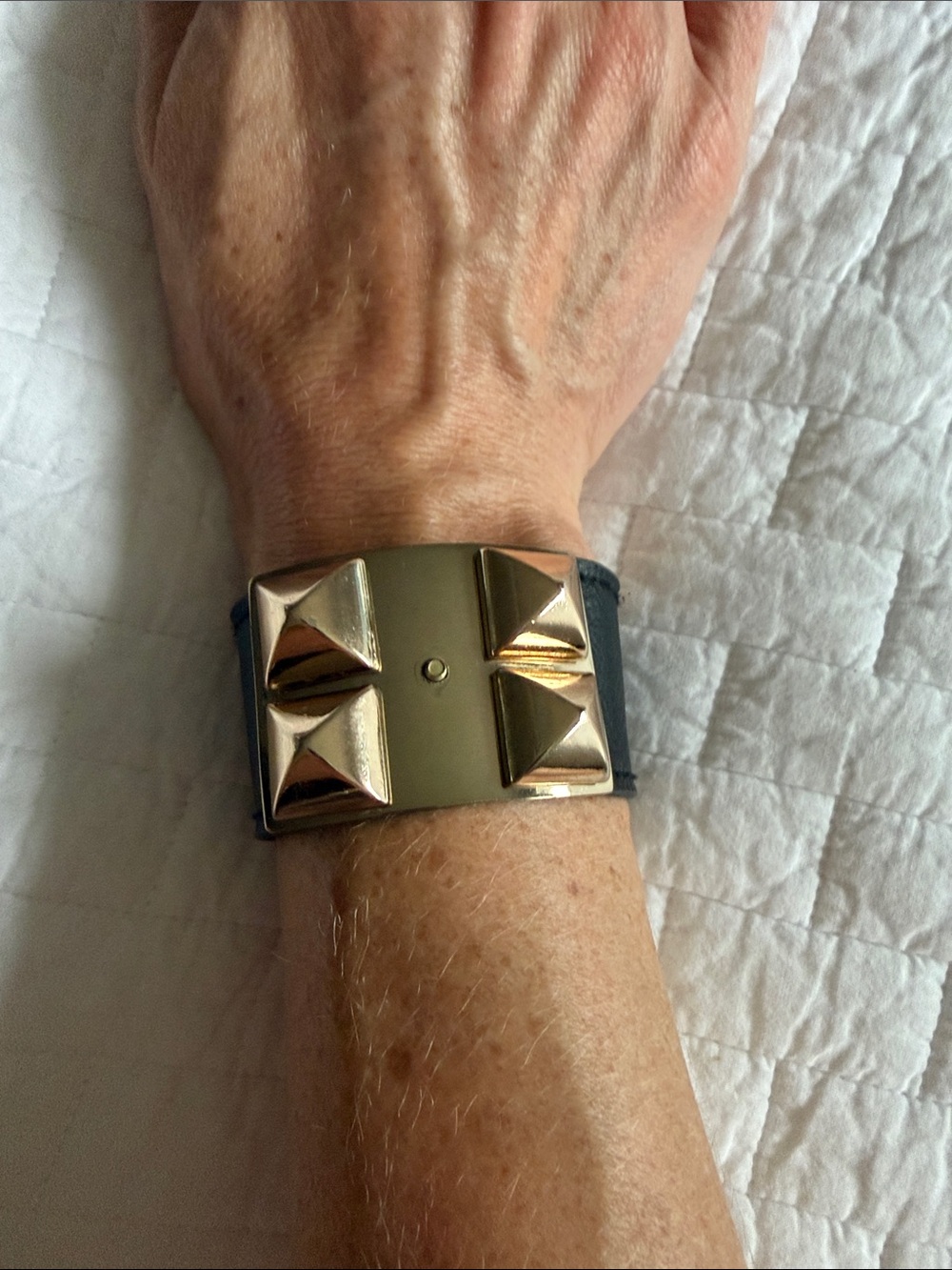 Gold Pyramid Stud Leather Cuff Bracelet - Black Leather Band